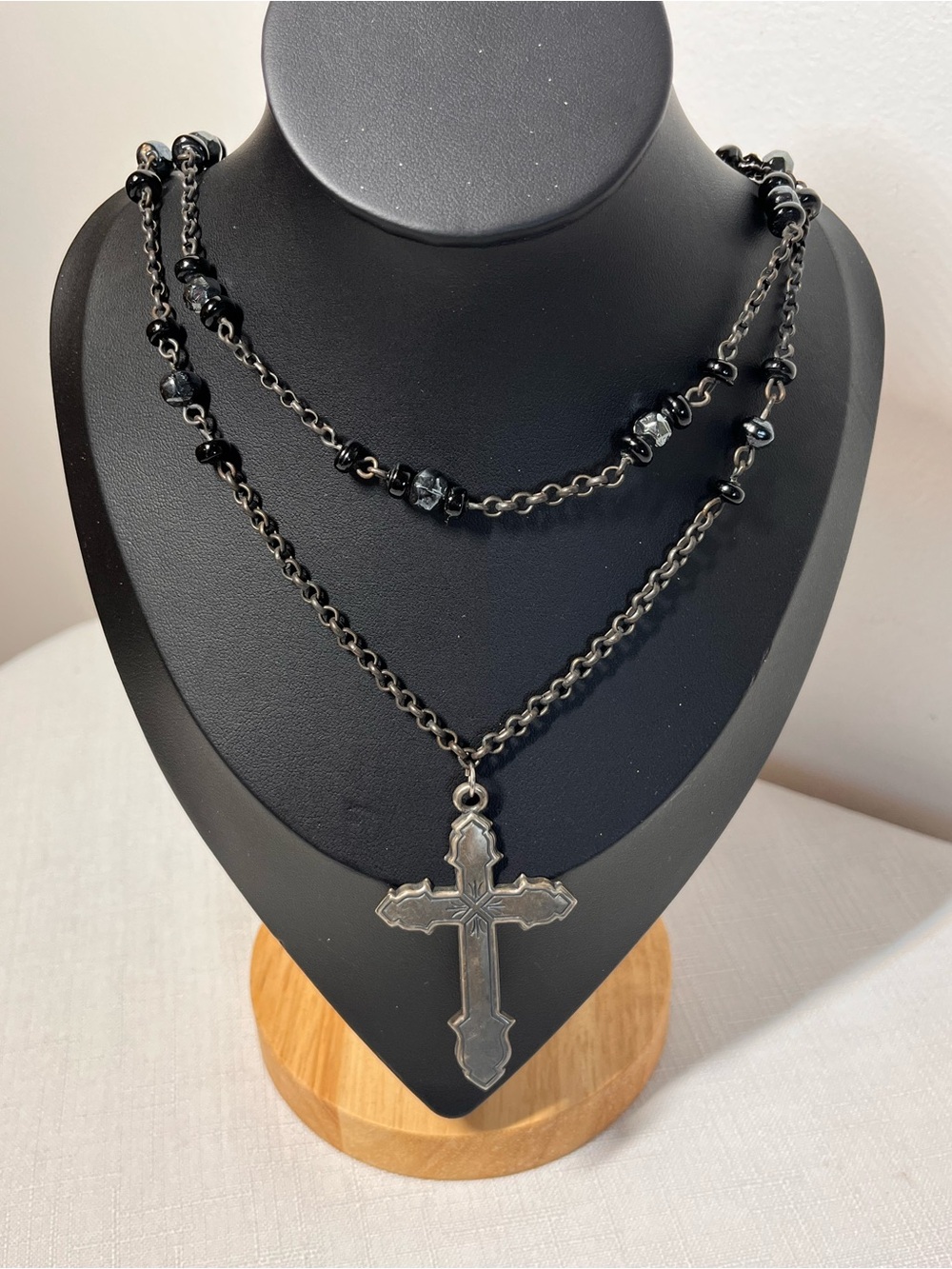Black Beaded Double-Layer Cross Necklace
